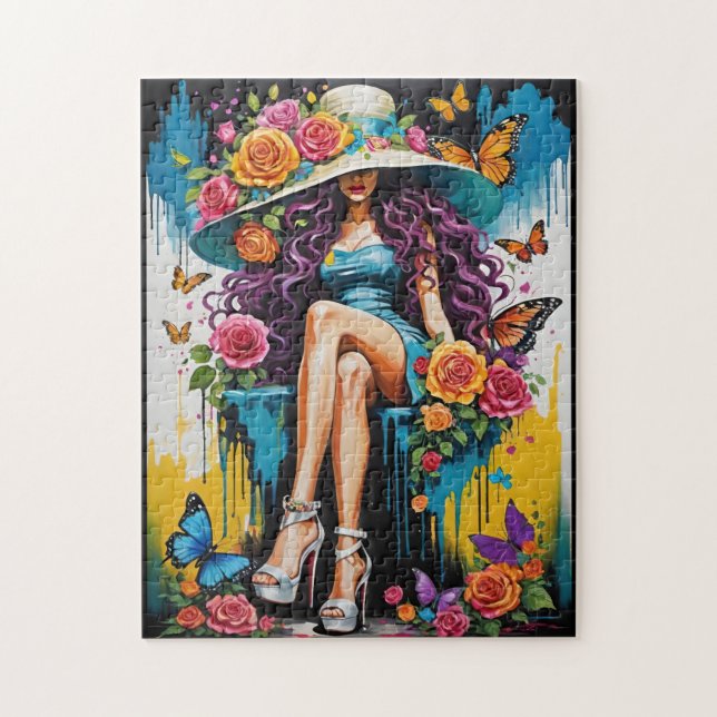 Frau in Big Hat und High Heels Floral Puzzle (Vertikal)