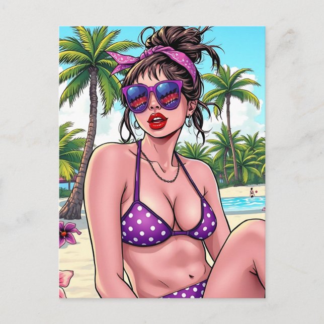 Frau in Bikini und Bandanna am Strand Postkarte (Vorderseite)