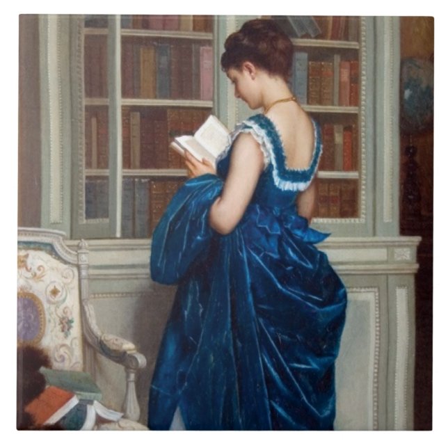 Frau in Blau, Buch lesen Fliese (Vorderseite)