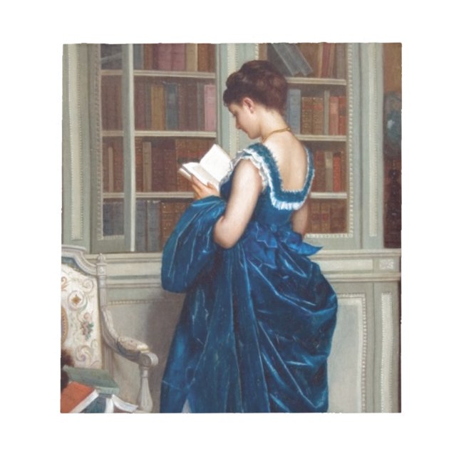 Frau in Blau, Buch lesen Notizblock (Vorderseite)