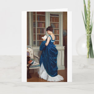 Frau in Blau, lesend in einem Buch Karte