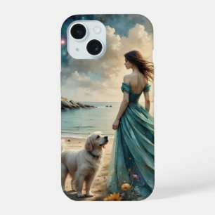 Frau in blauem Gewand am Strand mit Hund iPhone 15 Hülle