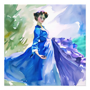 Frau in blauem Kleid - Aquarellmalerei Fotodruck