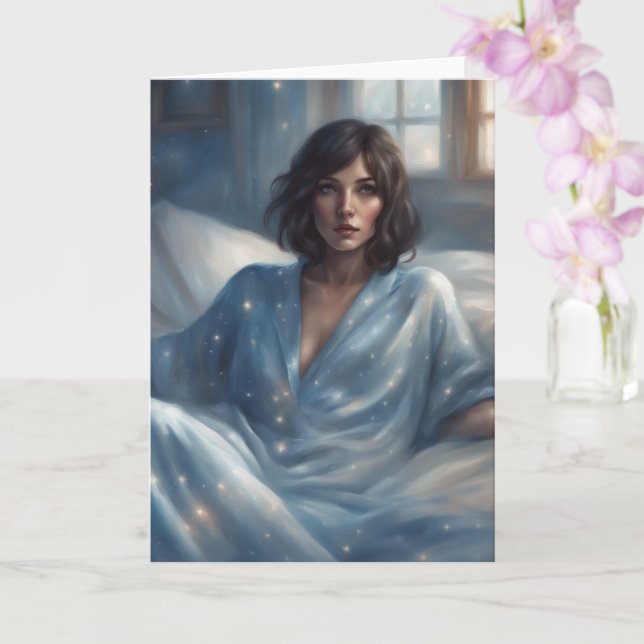 Frau in blauen Pyjamas leer Karte (Orchidee)