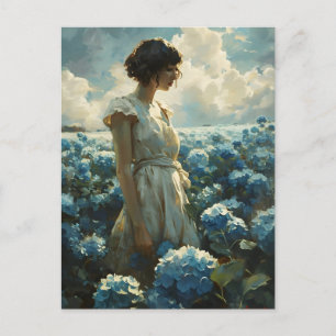 Frau in Blue Hydrangea Field: Vintage Schönheit Postkarte