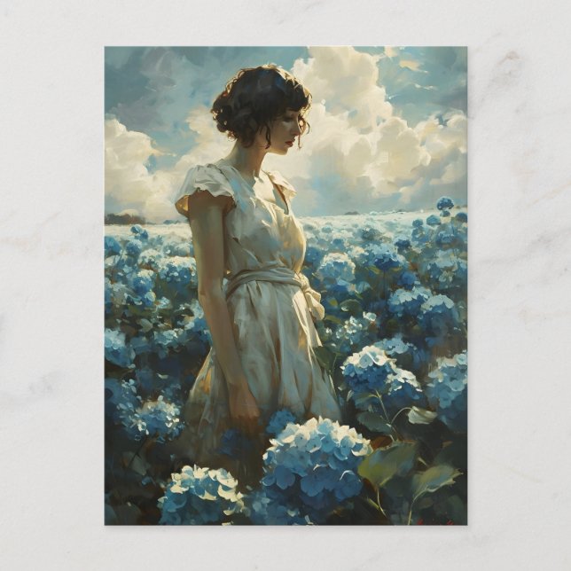 Frau in Blue Hydrangea Field: Vintage Schönheit Postkarte (Vorderseite)