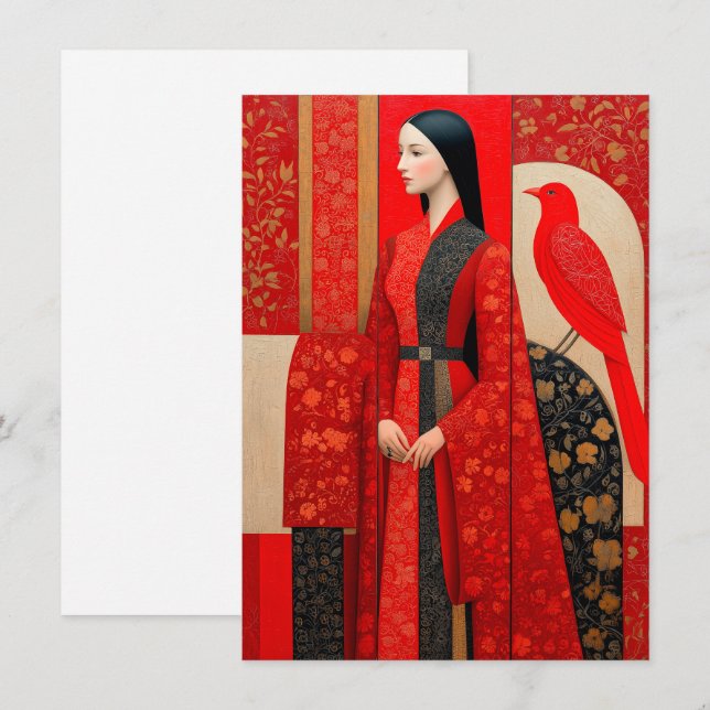 Frau in blühendem Kleid mit rotem Blütenmuster und (Vorne/Hinten)