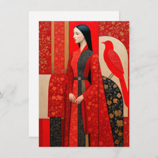 Frau in blühendem Kleid mit rotem Blütenmuster und