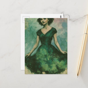 Frau in den 1950er Jahren im grünen Kleid Postkarte