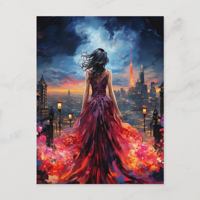 Frau in der Stadt Postkarte (Vorderseite)