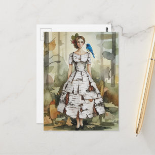 Frau in einem Birkenrindenkleid Modecollage Postkarte