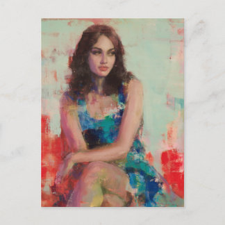 Frau in einem blauen Kleid Postkarte