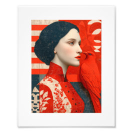 Frau in einem blühenden Kleid mit rotem Blütenmust Fotodruck