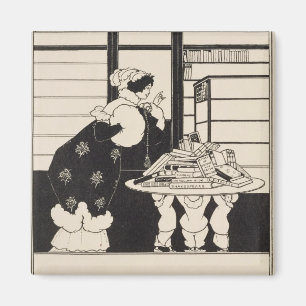 Frau in einem Buchladen, Design für ein "Yellow Bo Magnet