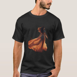 Frau in einem fließenden Kleid auf schwarzem T-Shi T-Shirt