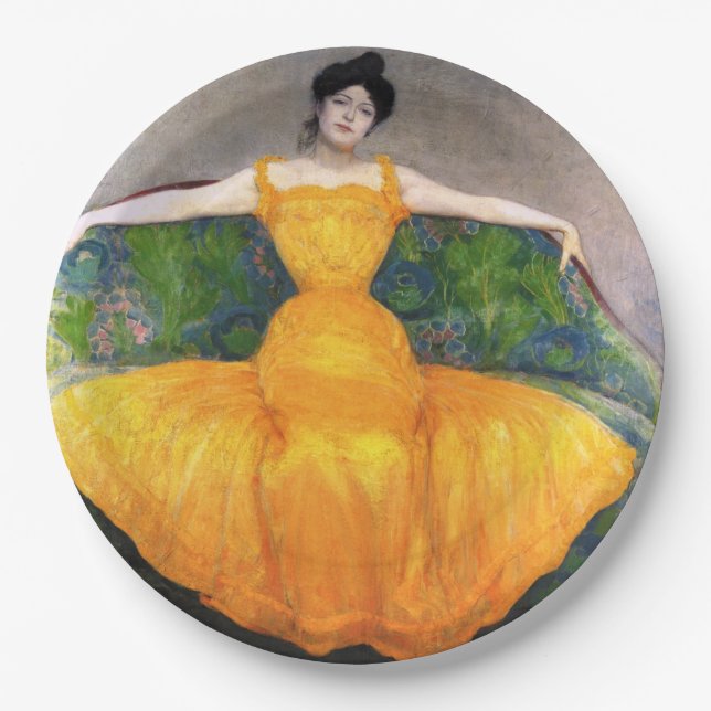 Frau in einem gelben Kleid (von Max Kurzweil) Pappteller (Vorderseite)