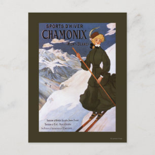 Frau in einem grünen Skiplakat Postkarte