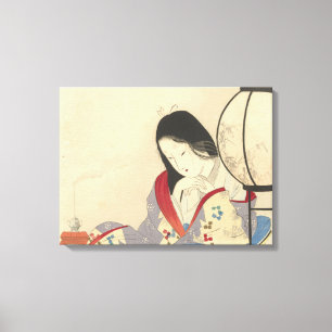 Frau in einem Innenraum durch eine Lampe   Leinwanddruck