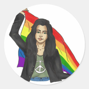 Frau in einem Peace-T-Shirt mit einer Regenbogenfl Runder Aufkleber