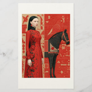 Frau in einem rot blühenden Kleid & schwarzen Pfer Briefpapier