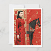 Frau in einem rot blühenden Kleid & schwarzen Pfer