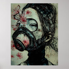 Frau in einer Gasmaske mit Blume Poster