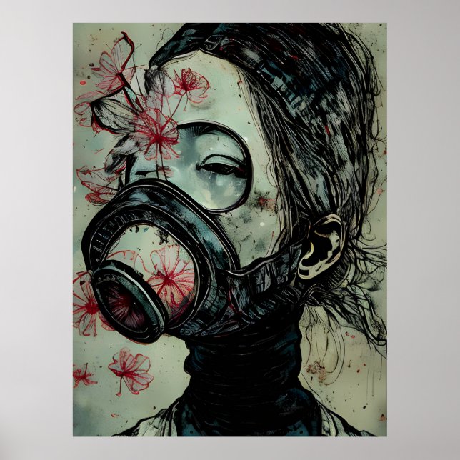 Frau in einer Gasmaske mit Blume Poster (Vorne)