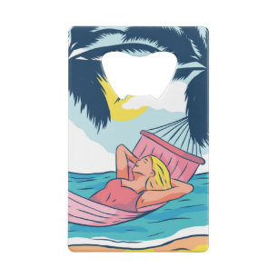 Frau in einer Hängematte am Strand Geldbeutel Flaschenöffner