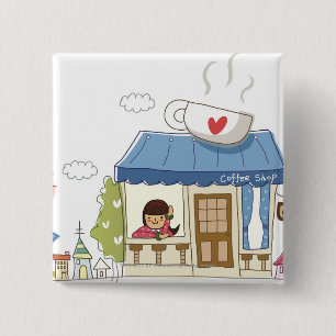 Frau in einer Kaffeestube Button