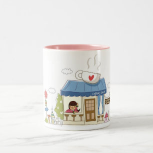 Frau in einer Kaffeestube Zweifarbige Tasse