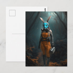 Frau in einer Kaninchengasmaske Postkarte