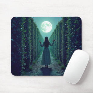 Frau in einer mondbeschienenen hohen Hecke Mousepad