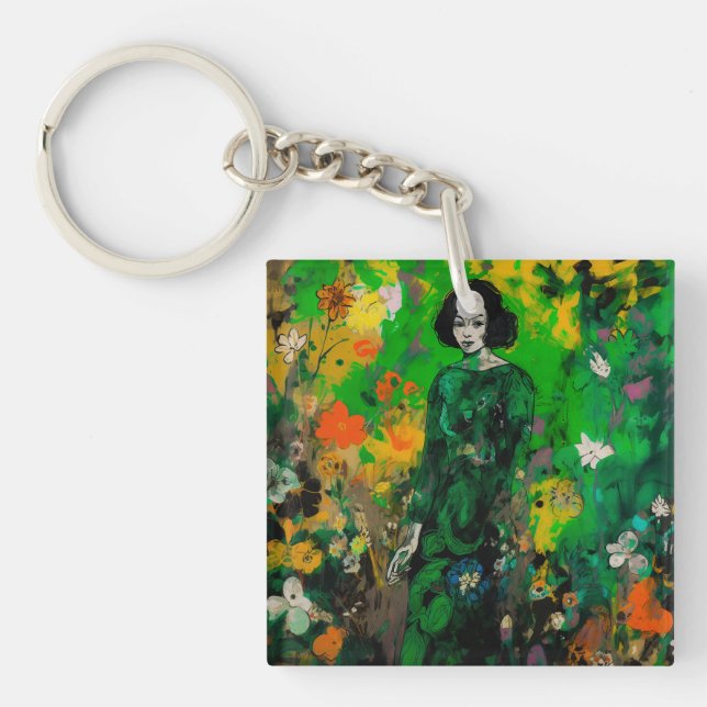 Frau in farbenprächtigem Feld Schlüsselanhänger (Vorderseite)