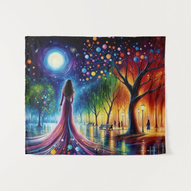 Frau in fließendem Gewand, die in farbenfrohen Wäl Wandteppich (Vorderseite (Horizontal))