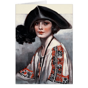 Frau in gestickter Bluse