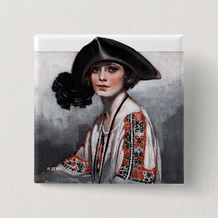 Frau in gestickter Bluse Button