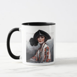 Frau in gestickter Bluse Tasse
