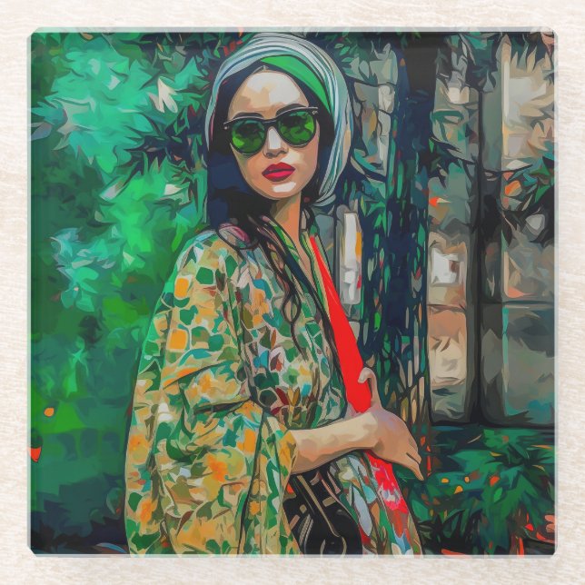 Frau in grüner Sonnenbrille Glasuntersetzer (Vorderseite)