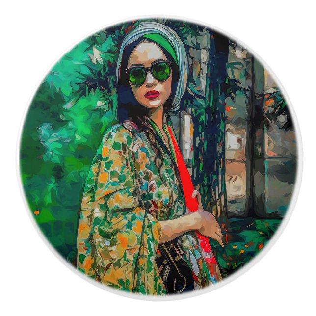 Frau in grüner Sonnenbrille Keramikknauf (Vorderseite)