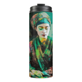 Frau in grüner Sonnenbrille Thermosbecher