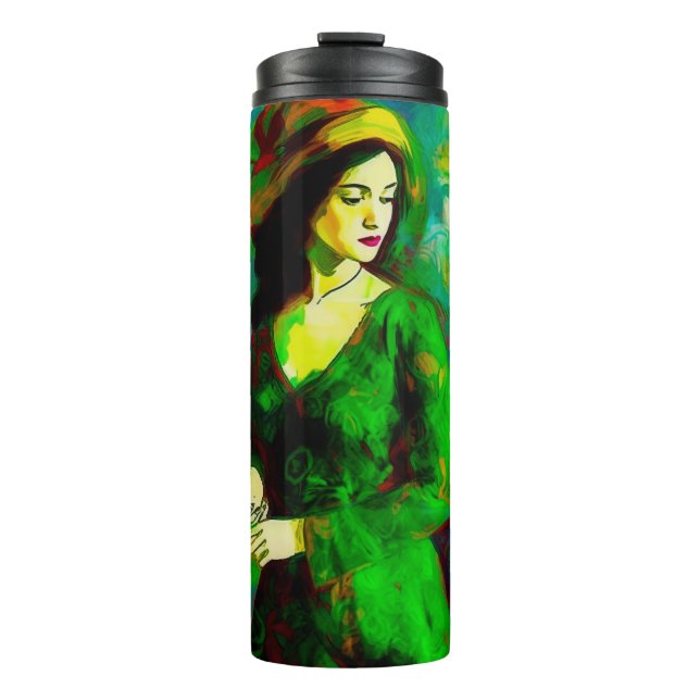 Frau in Grünhut Thermosbecher (Vorderseite)