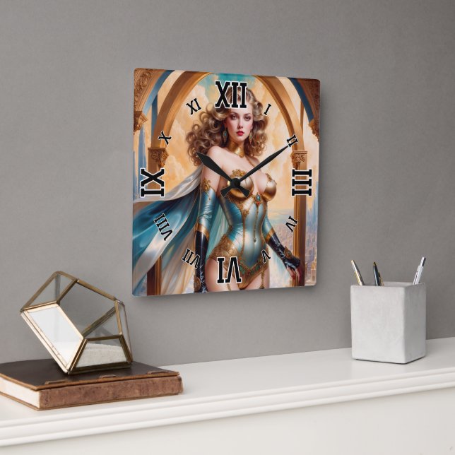 Frau in opulentem Gold Türkis Attion von Xzendor7 Quadratische Wanduhr (Büro)