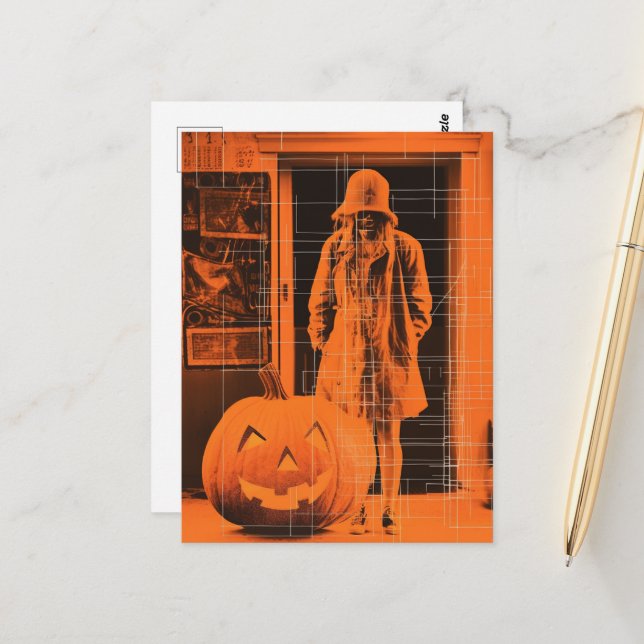 Frau in Orange Halloween Postkarte (Vorderseite/Rückseite Beispiel)