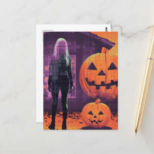 Frau in Orange Lila Halloween Postkarte
