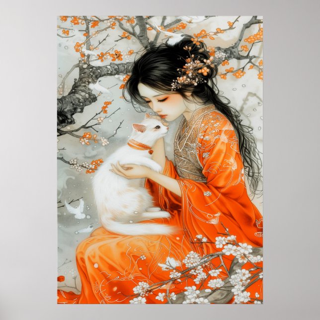 Frau in Orange mit weißer Katze Poster (Vorne)