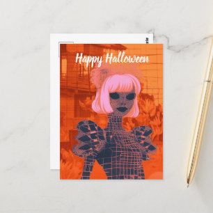 Frau in Orange und Pink Halloween Postkarte