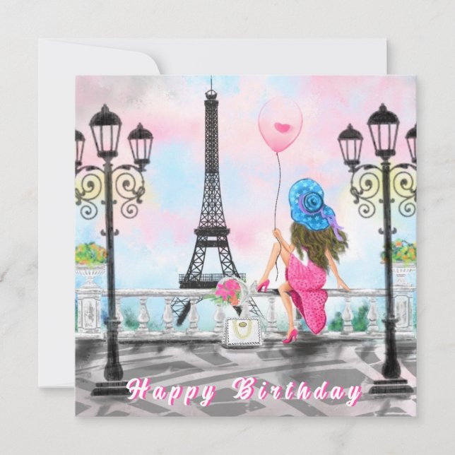 Frau in Paris Eiffel Tower Happy Birthday Card Karte (Vorderseite)