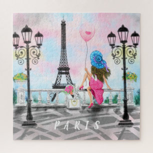 Frau in Paris Puzzle mit Eiffelturm