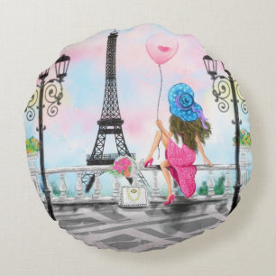 Frau in Paris Rundkissen mit Eiffelturm Rundes Kissen
