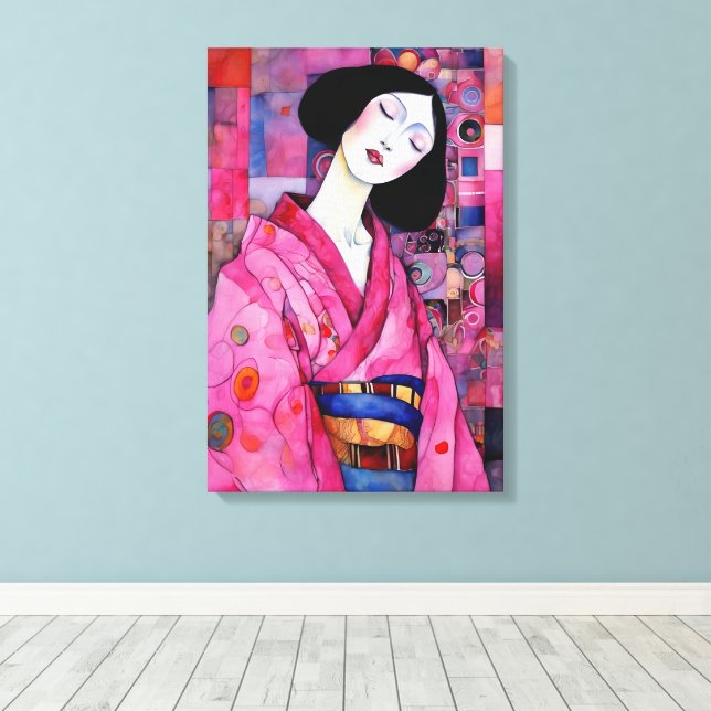 Frau in Pink Kimono Leinwanddruck (Insitu (Holzboden))